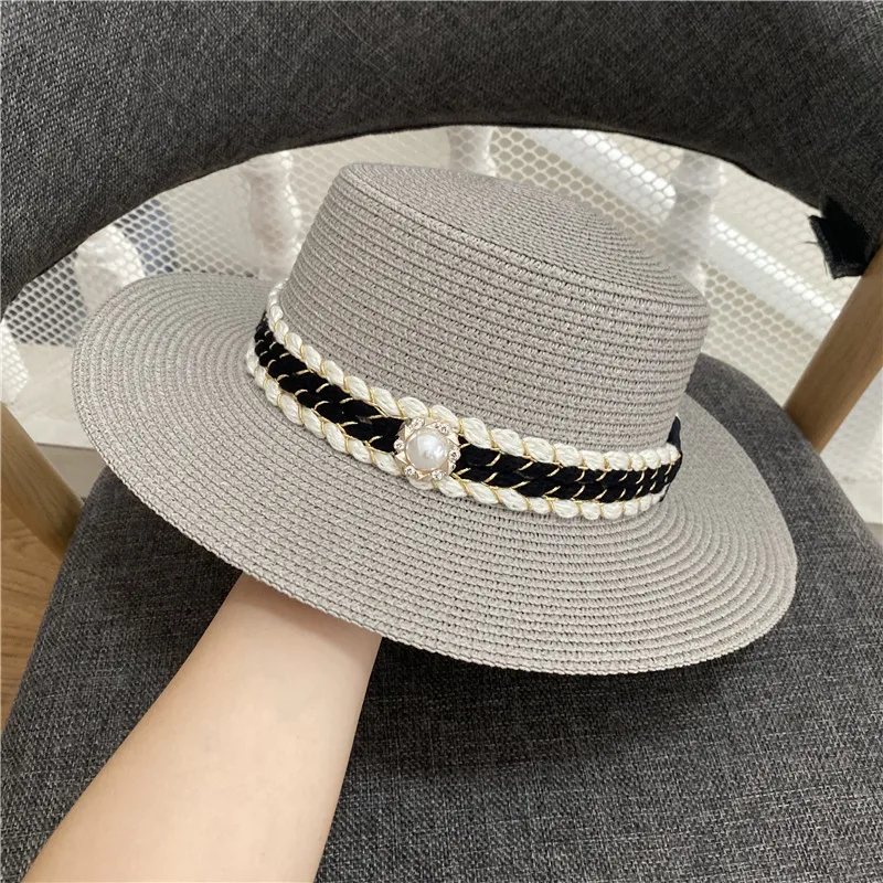 

Small Sweet Wind Pearl Dime Ribbon Straw Hat Female Xia Simple Fashion Flat Outdoor Sun Hat Fashion Elegant Art Wind Caps