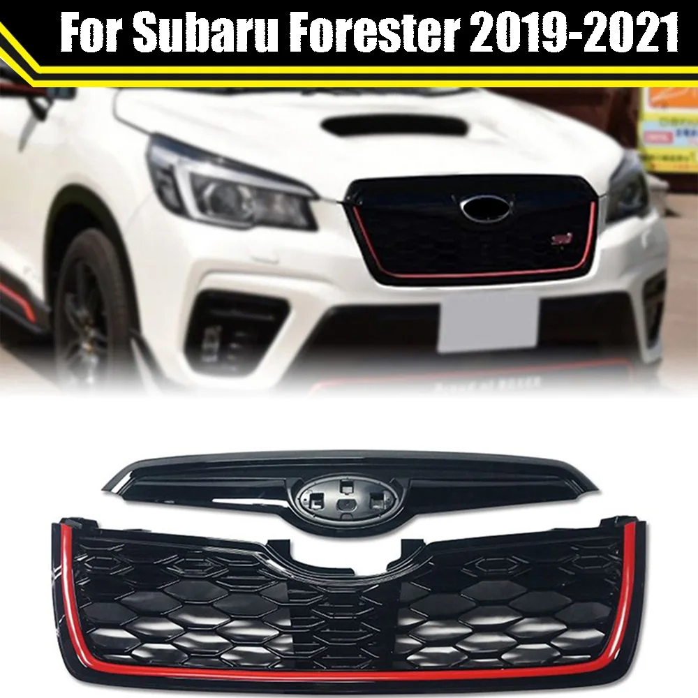 

Abs Sport X-Break Style Front Grill Mesh Kit Upper-Lower GLoss Black W. Red Strip For Subaru Forester 2019-2021Bumper Grille