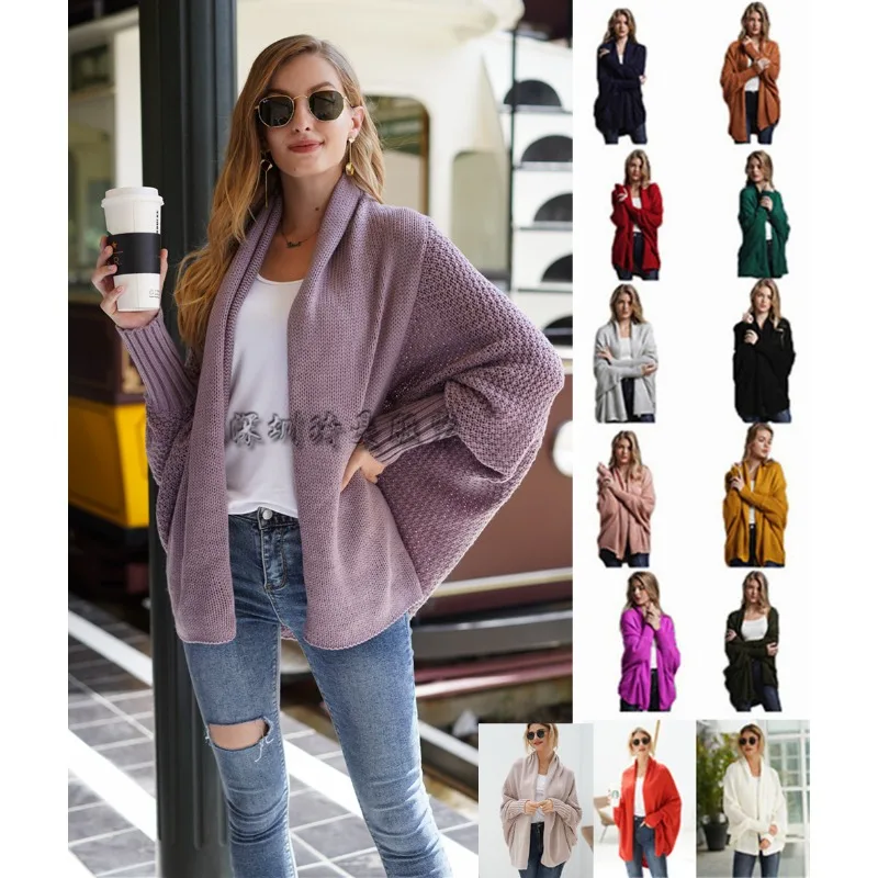 

Autumn and Winter Popular Bat Sleeves Fashion Loose Large Size Long Knitted Cardigan Sweater Women's Coat