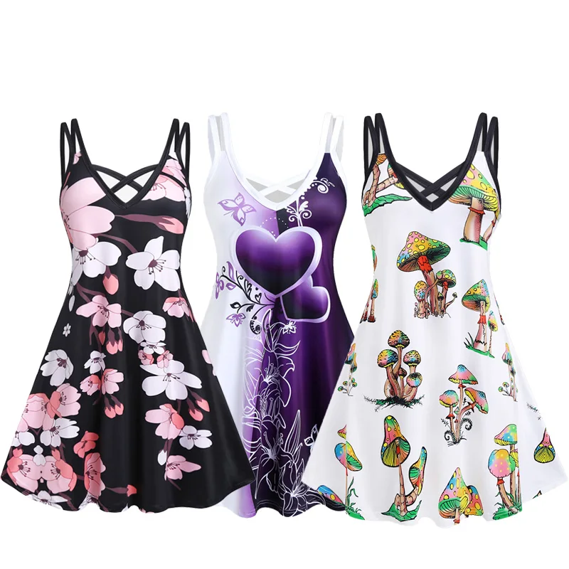 

ROSEGAL Fashion V-Neck Crisscross Sundress 5x Mushroom,Colorblock Heart ,Blossom Print Sleeveless Swing Dress Knee-Length A-Line