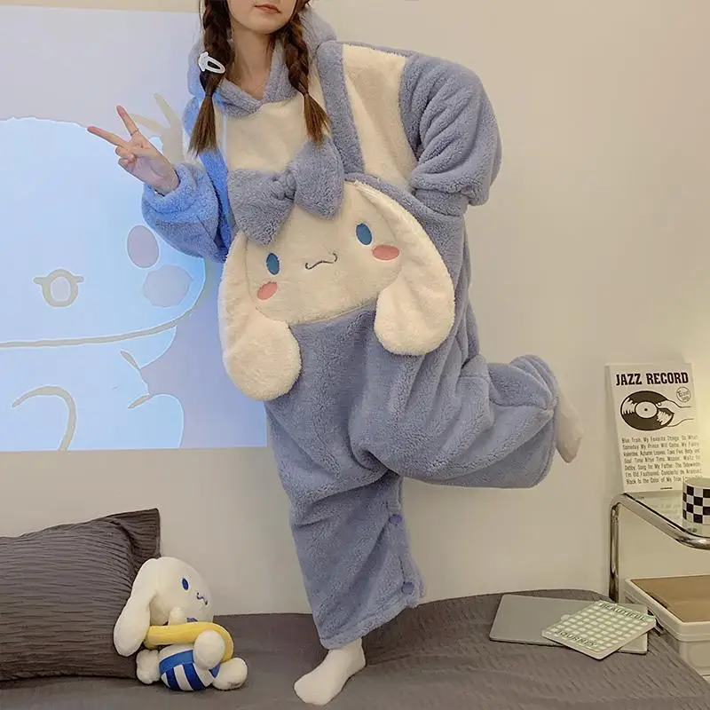 

Kawaii Sanrio Cinnamorol One Piece Pajamas Coral Velvet Cute Women Stay Warm At Home Thickened Pajamas Girl Warm Christmas Gift
