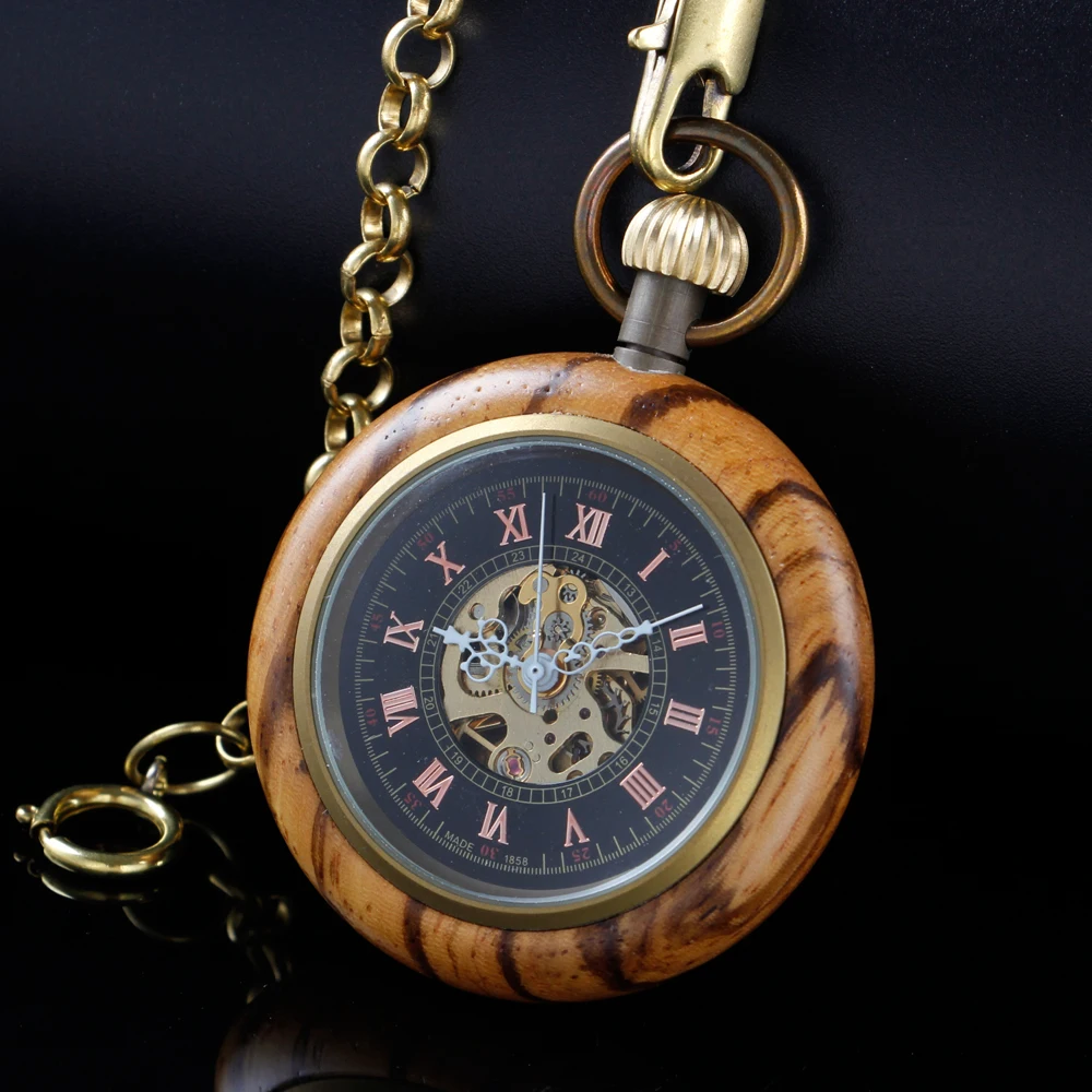 New Wooden Sculpture Roman Digital Mechanical Pocket Watch Vintage Hollow-Out Case Analog Skeleton Men's Mechanical Pocket Watch