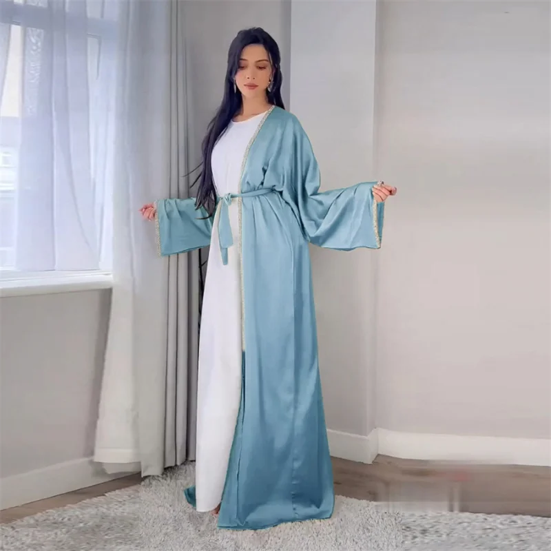 Two Pieces Kimono Abaya Set for Women Muslim Dubai Arab Solid Soft Satin Diamond Tape Trim Cardigan Robe and Vest Dress