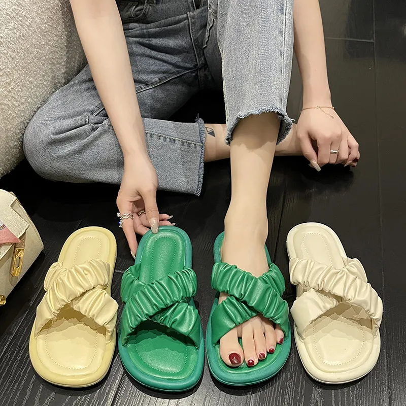 

Shoes Slippers Casual Slipers Women Cross-Tied Slides Luxury Soft 2022 Flat Rome PU Basic Female Shoes Ladies' Slippers Cross-Ti