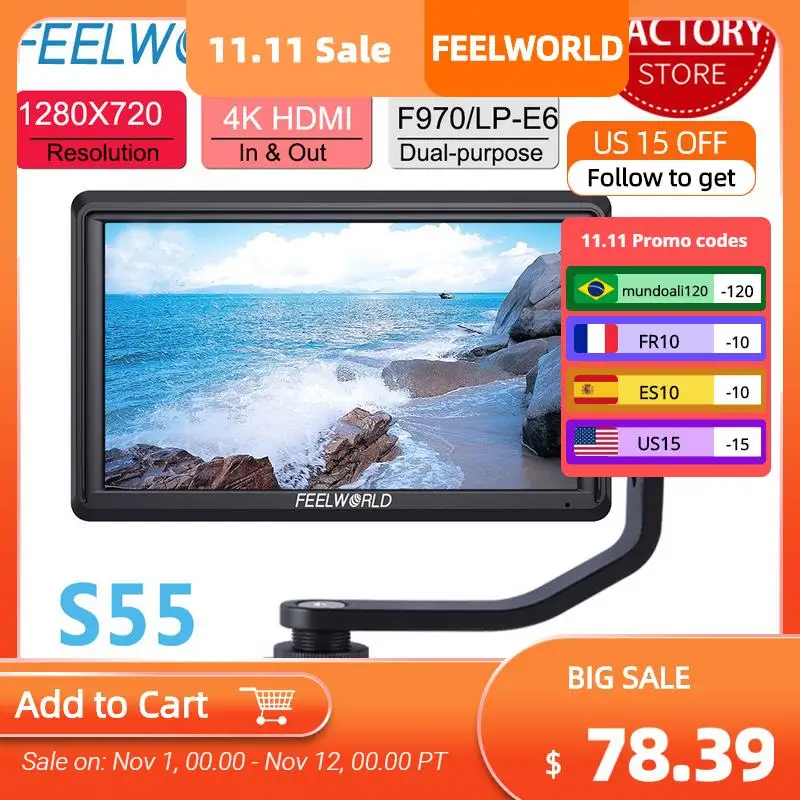 

FEELWORLD S55 5.5 Inch IPS on Camera Field DSLR Monitor Focus Assist 1280x720 Support 4K HDMI Input DC Output Include Tilt Arm