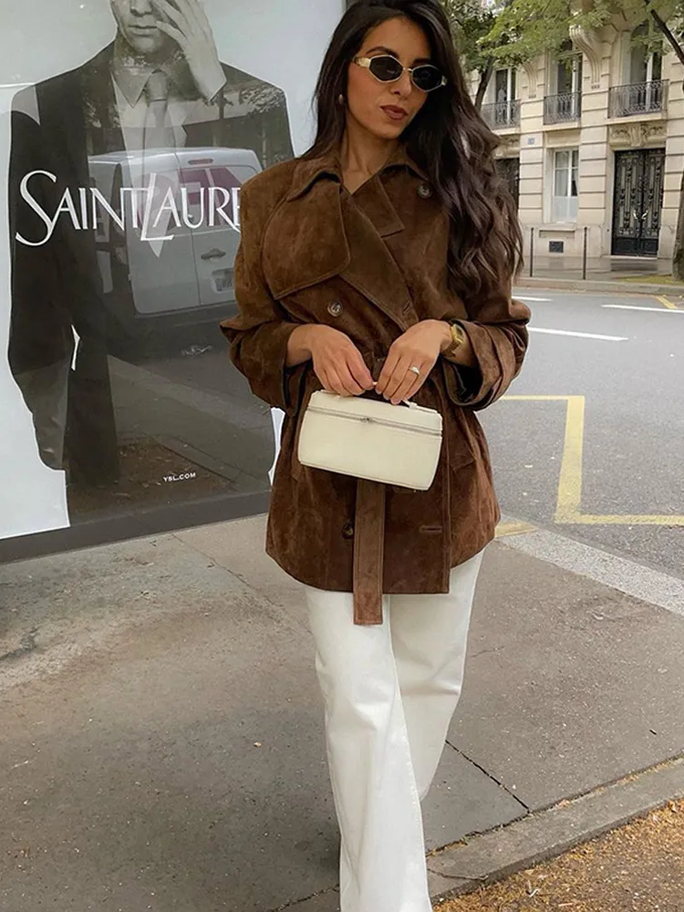 Новинка 2024 шикарная двубортная замшевая куртка с поясом для женщин классические