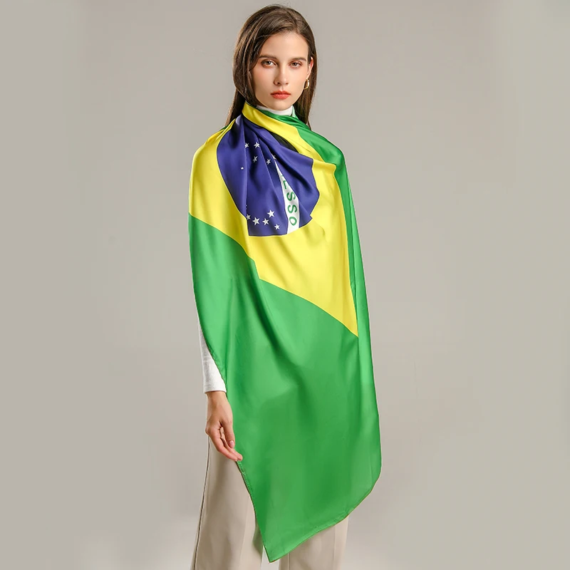 2022 бразильский флаг, шарф с принтом для женщин, футбольных фанатов, поздравительная шаль и обертывания, женская шелковая Повседневная бандана
