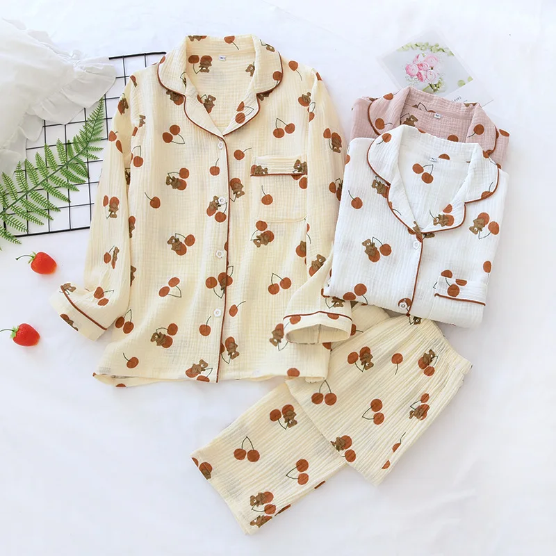 Cartoon Lapel Pajamas Lady Washed Crepe Spring Thin Double Gauze Home Clothes Cotton Suit Two Piece Set Summer  Clothing Women