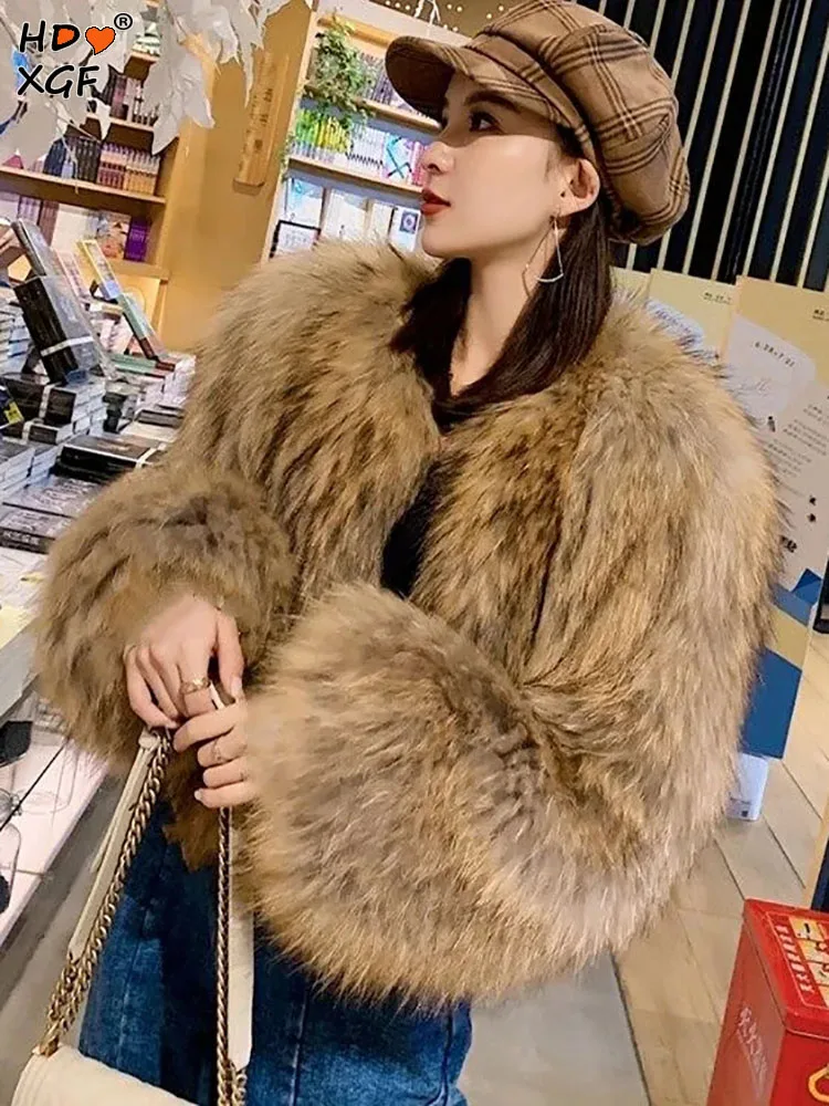 

Streetwear Thickening Faux Fox Fur Short Jacket For Women Autumn Winter V-neck Flared Sleeve Fluffy Jackets Elegant Luxury Coats
