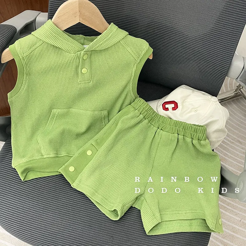 Children's Casual Sports Suit Children's Clothing 20222 Summer Boys and Girls Waffle Sleeveless Vest Top Shorts