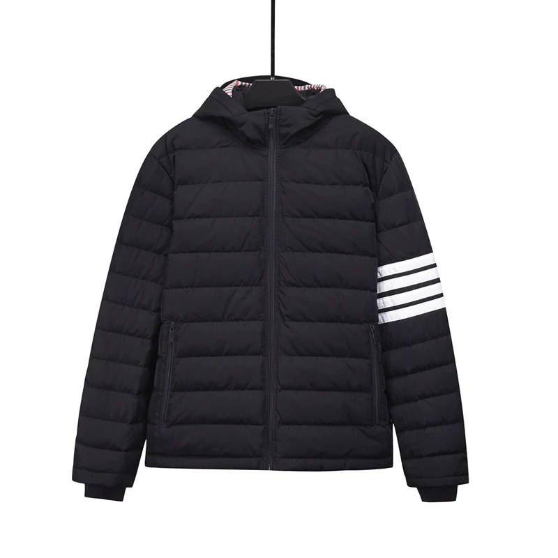 TB THOM Men's Jacket Winter Fashion Brand Down Jackets Down-Filled Matte Nylon White Stripes Hoodies Coats Casual Hooded Jackets