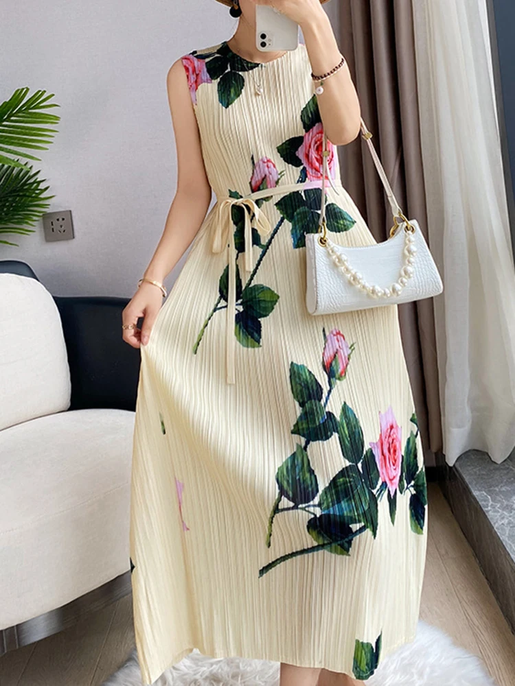 Женское плиссированное платье LANMREM до середины икры с высокой талией и круглым