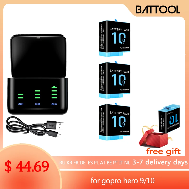 

Battery for Gopro Hero 10 /9 2000mAh 3.85v with 3-Slot Simultaneously Charger Black Camera Accessories