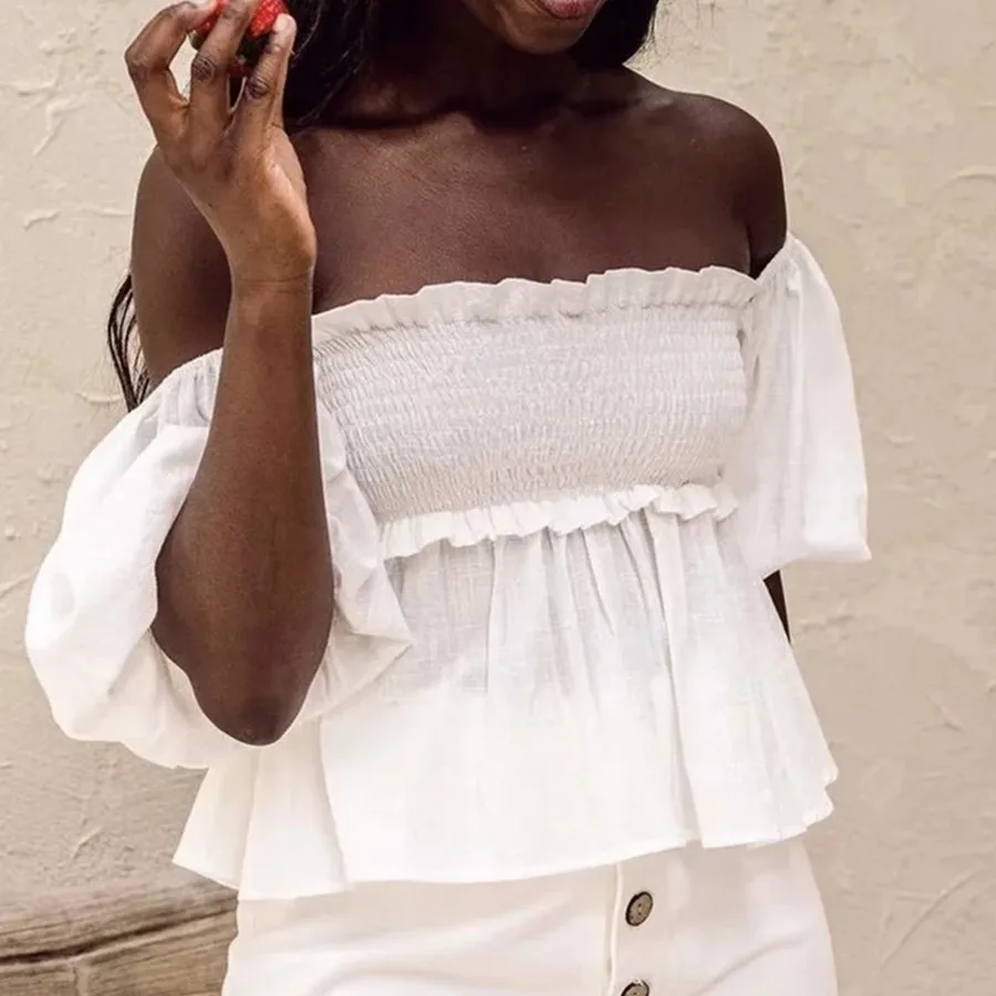 

Maxdutti 2022 модная Элегантная блузка Женская индийская народная богемная Винтажная с открытыми плечами Сексуальная хлопковая белая Повседнев...