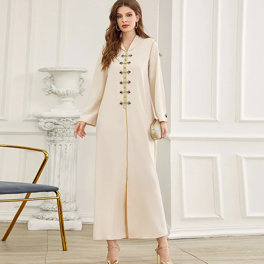 

Apricot Gold Edge Hand Sewn Diamond Robe Middle East Morocco Dubai Elegant Long Dress 2022 New Fashion Ramadan Dresses Muslim