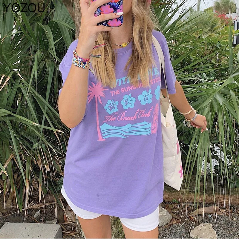 

YOZOU 2022 Summer Purple Top Short Sleeve Oversized T-shirt for Women Letters Pattern Beach Tee Casual Fitness Loose Korean Y-64