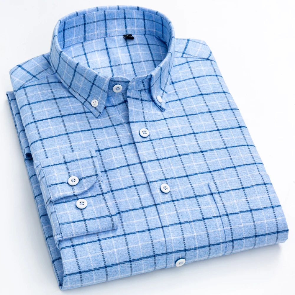 Men's Winter Brushed Cotton Checkered Plaid Shirt Single Patch Pocket Standard-fit Full Sleeve Comfortable Thick Casual Shirts
