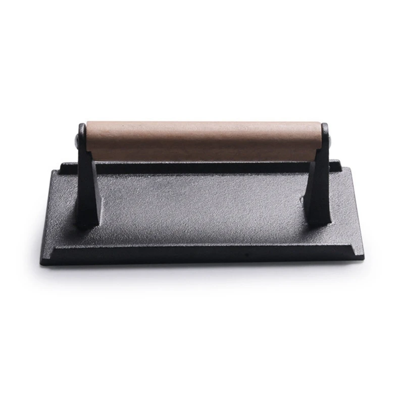 

Rectangular Cast Iron Pressure Plate Checkered Shading, Wooden Handle Barbecue Tool Steak Pressure Plate Vegetable Oil