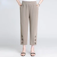 summer women pants middle aged lady elastic high waist loose casual thin cropped pants female ankle length trousers