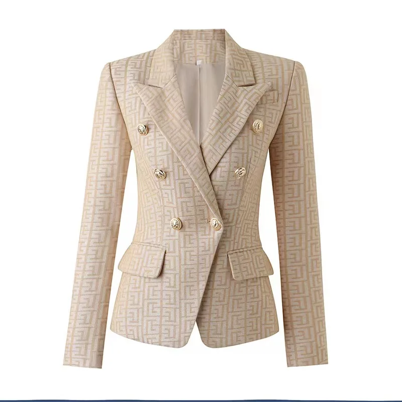

Plaid Suit Temperament Commuting American Style Metal Buckle Khaki Color Suit Collar Ten Thousand Word Pattern Short Suit Jacket