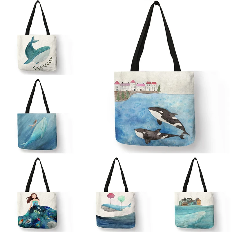 

Cartoon Fresh Painting Cute Whale Sea Series Shopper Bag Women Handbags Large Capacity Totes Designer Shoulder Bags Casual Tote