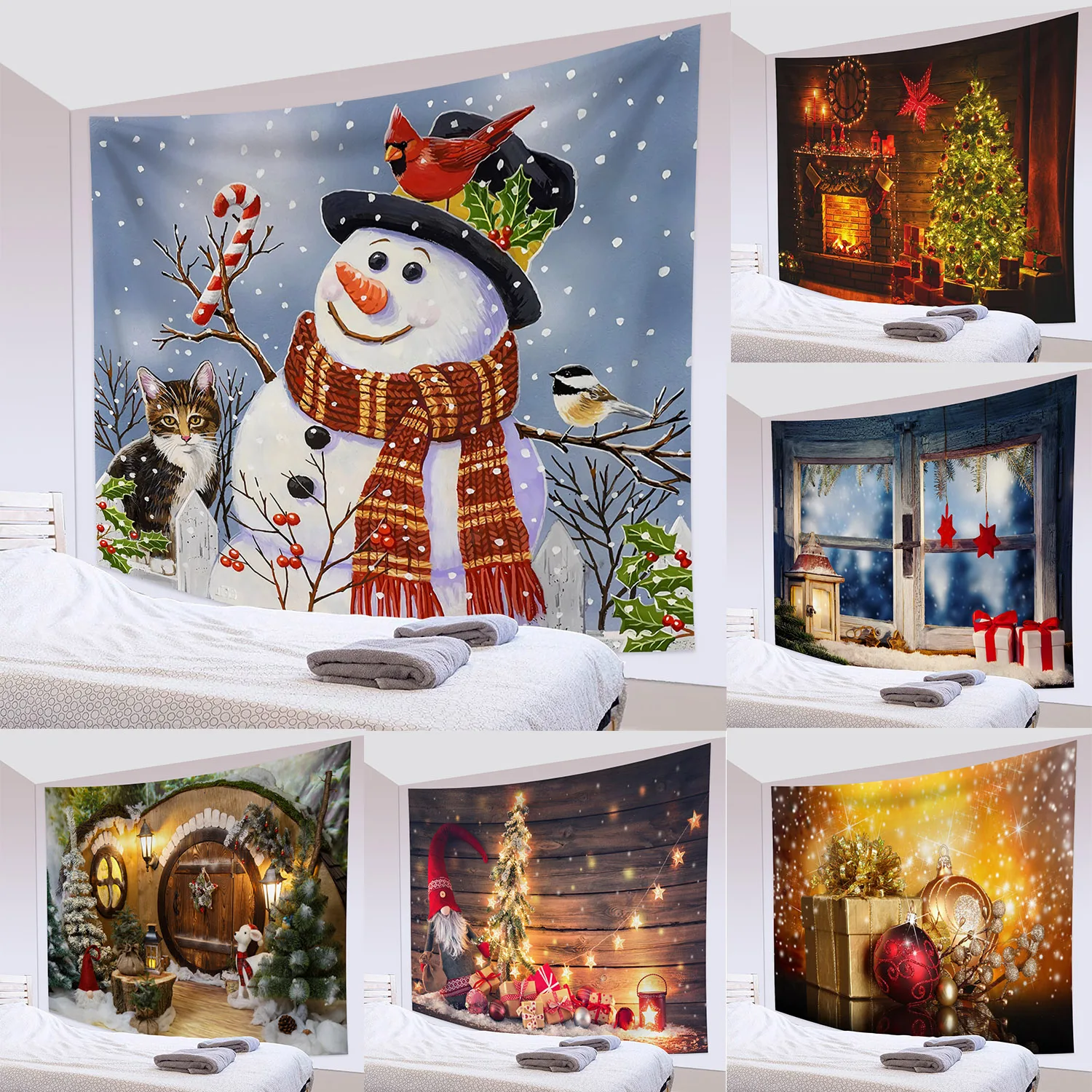 

Party Living Room Bedroom Dorm Wall Decor Backdrop Fabric Christmas Fireplace Christmas Tree Printing Home Decor Tapestry