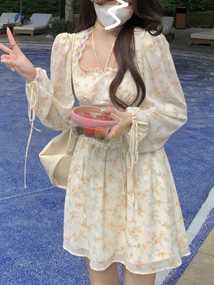

Корейское мини-платье, женское повседневное кружевное цельное платье, милое винтажное Цветочное платье принцессы, элегантное платье с длинным рукавом Y2K, новинка