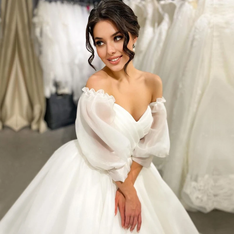 Vestido De boda элегантный кон hombros описание mangas abullonadas SAP ребенка plisado Organza Novia