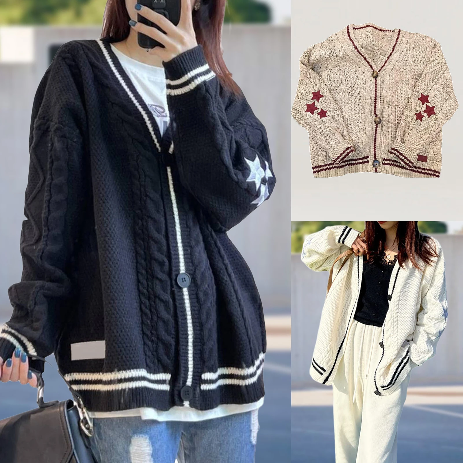

JK Harajuku Lantern Sleeve Women Cardigan Sweater Casual Chic Lazy Wind Y2k Sweater Korean Fall Streetwear Tops Coat Crochet