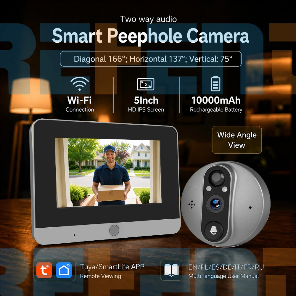 Фото 2 МП Wi-Fi камера-глазок для двери Tuya SmartLife с аккумулятором 10000 мАч, PIR-датчиком движения, ИК-подсветкой и 5-дюймовым экраном №1