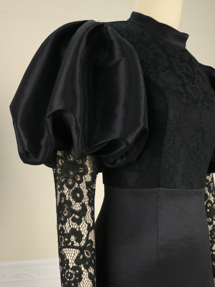 2023 Women Elegant Long Black Prom Formal Dresses Stand Neck Fluffy Sleeve High Slit Lace Robes Party Evening plus Size Dresses