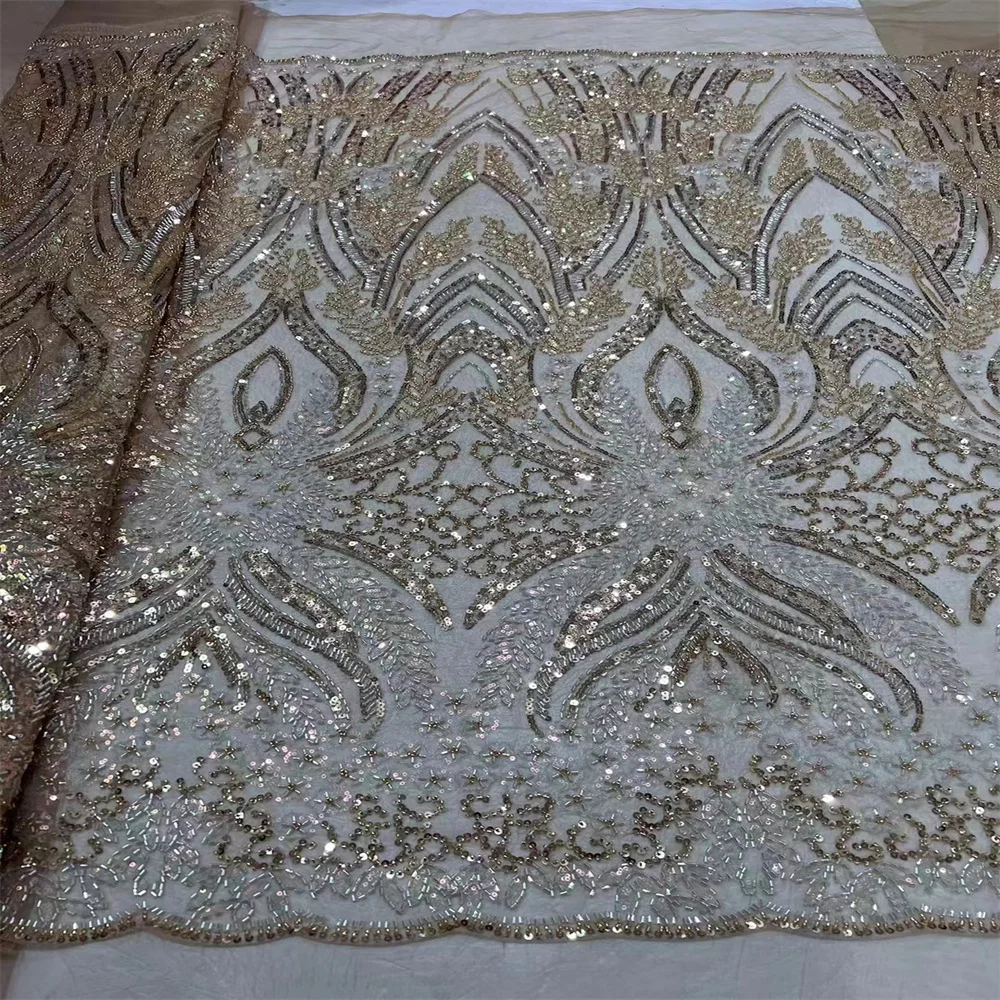 

Новинка, ткань из искусственного материала, Тюль с вышивкой, французское Сетчатое кружево, ткань с блестками и бисером для свадебных платьев CD2150