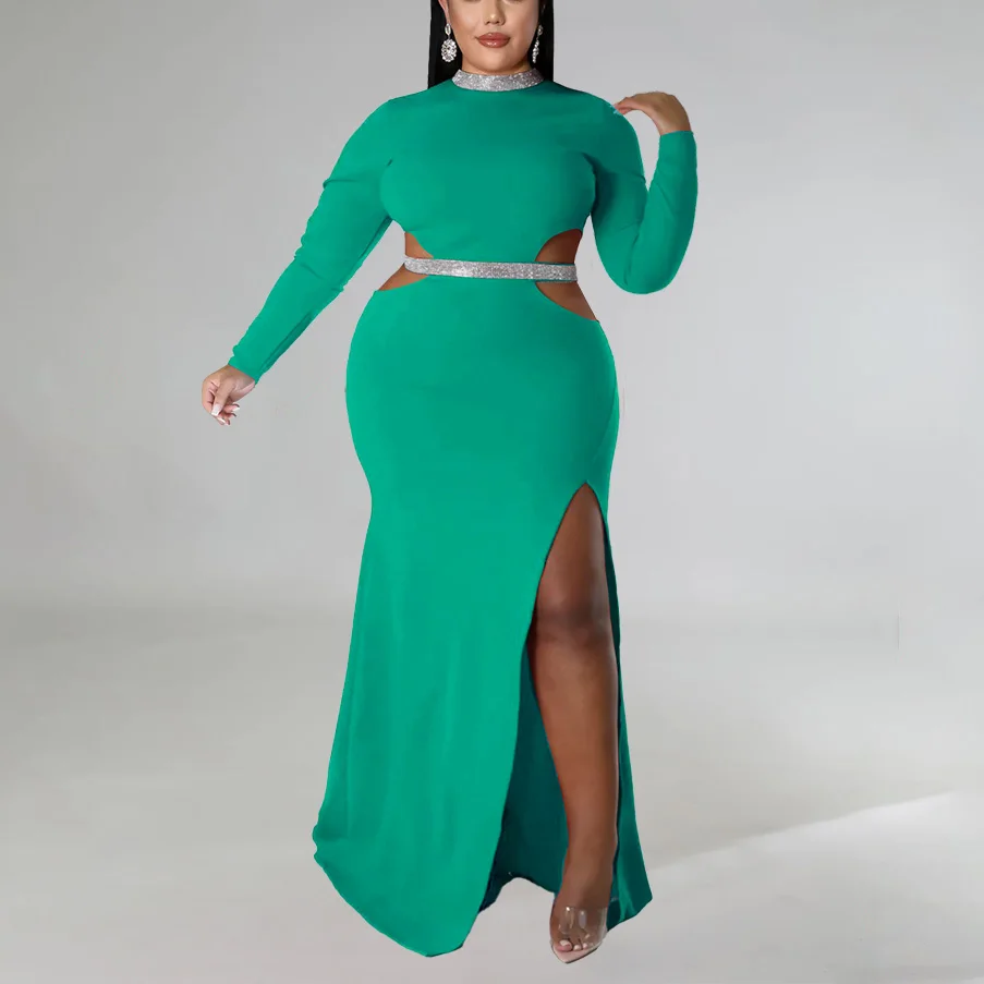 Plus Size Dresses for Women 4XL Sheath Full Sleeve High Split Floor Length Elegant Large Oversized Evening Party Vestidos Mujer