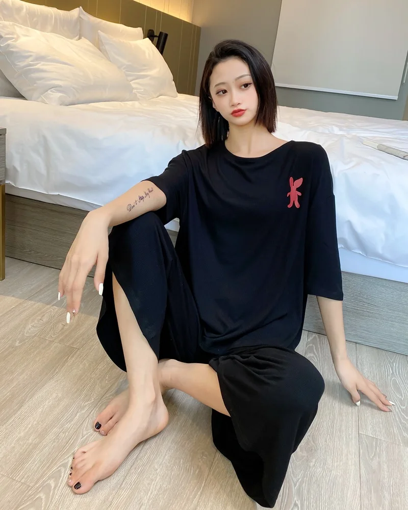 Cotton Pajamas Women Loose Short Sleeve Tops+ Wide Leg Pants 2 Piece Sets Womens Outfits Plus Size Suit Outwear Thin