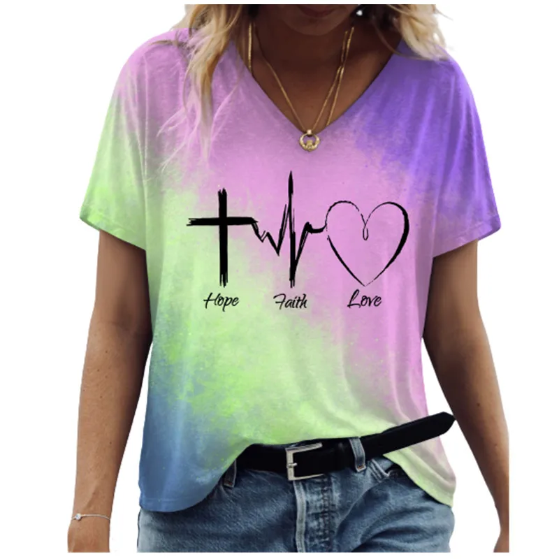 

2022 Gradient Electrocardiogram Print T-shirt Women Plus Size Short Sleeve Top Casual T Shirt Women V-Neck Shirt