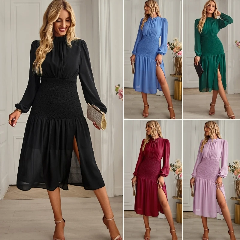 

Women Puff Long Sleeve Mock Neck Shirred Elastic Waist Split Midi Swing Dress MXMA