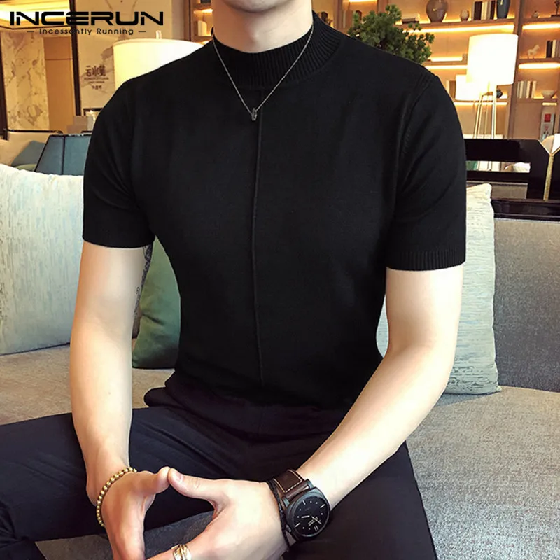 

INCERUN Tops 2023 Korean Style New Mens Semi-high Neck Knitted T-Shirts Casual Streetwear Male Short Sleeve Elastic Tights S-5XL