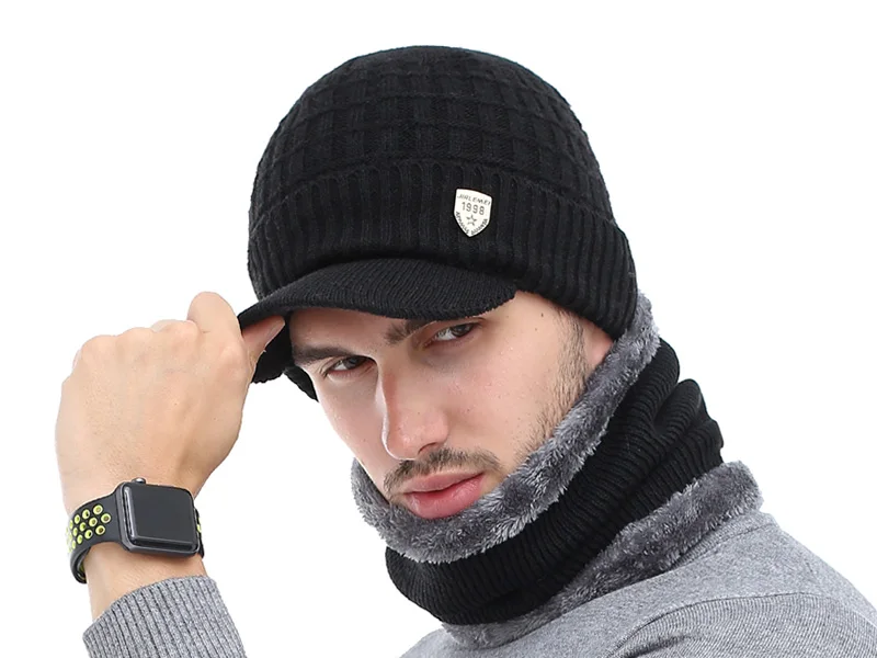

1998 Winter Hat for Men Women Wool Cap Fleece with Cashmere Scarf Neckband Suit Outdoor Warn Soft Design