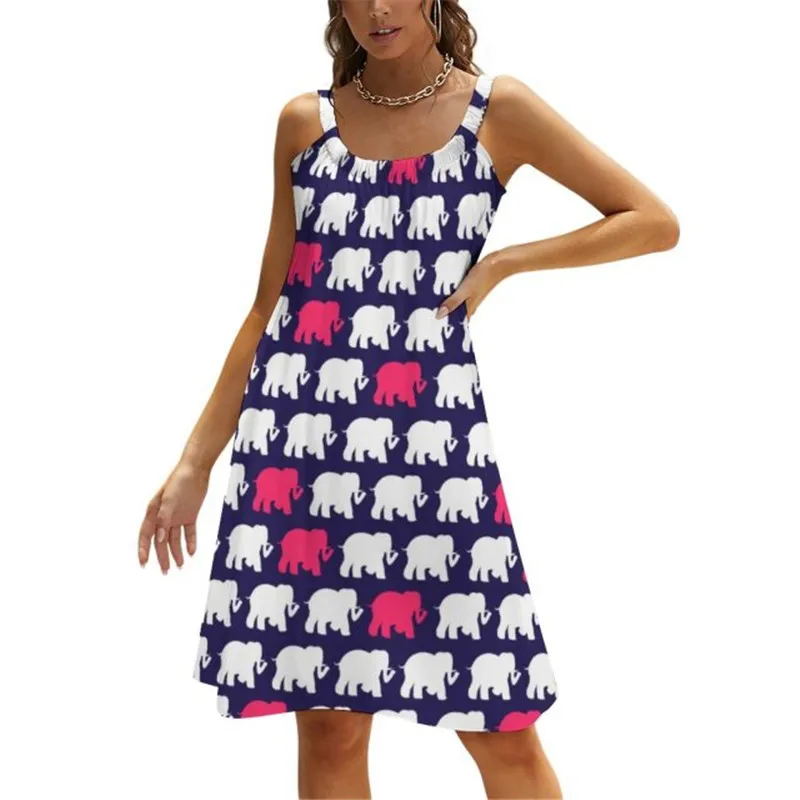 

Cute Animal Elephant Printing Dress Women Summer Beach Party Sundress Casual Sexy Sleeveless Backless Straps Tank Dress Vestidos