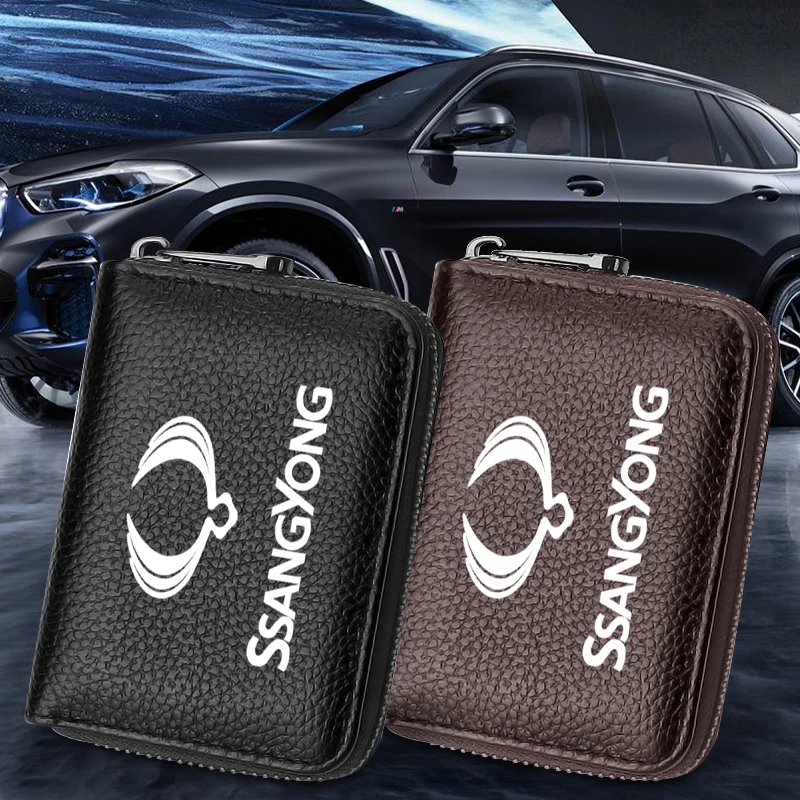 

Genuine Leather Wallet Driver License Business Card Holder Car Logo For SsangYong Kyron Rexton G4 2 Tivolan Actyon Korando Rodiu