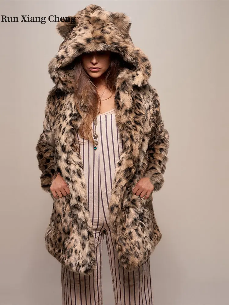 Women's Long Faux Fur Coat 2023 Women's Winter Furry Jackets New Elegant Stuffed Coat Woman Luxury Designer Plush Coat with Hat