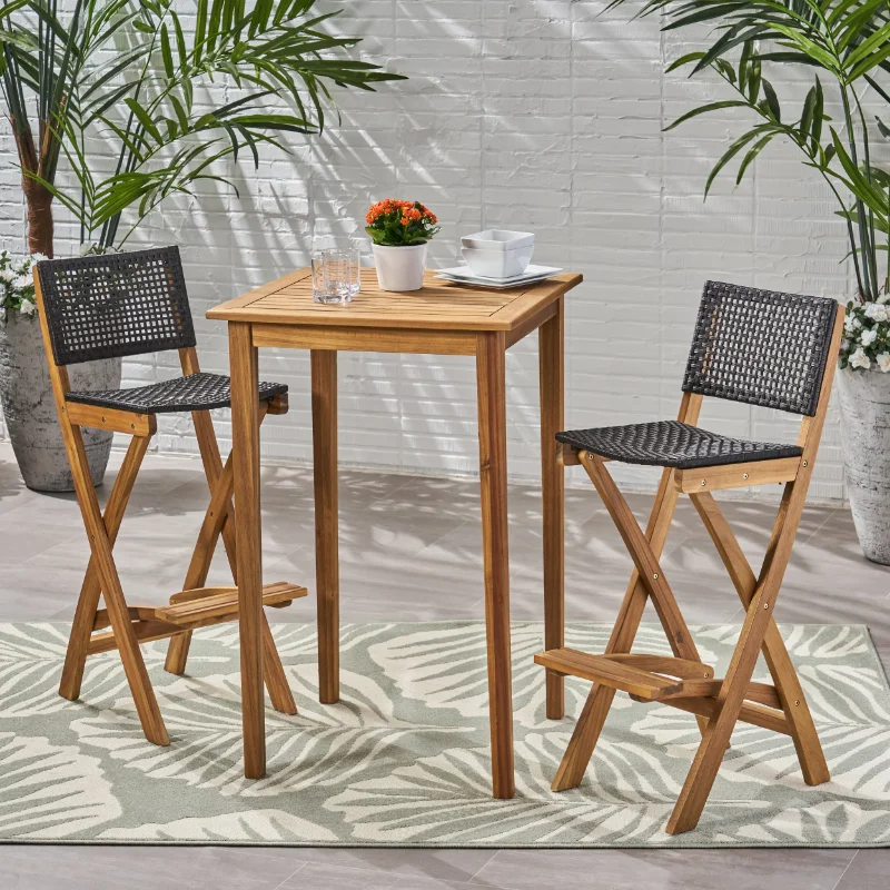 

Briar Outdoor 26" Square 3 Piece Wood and Wicker Bar Height Set, Natural Finish and Brown