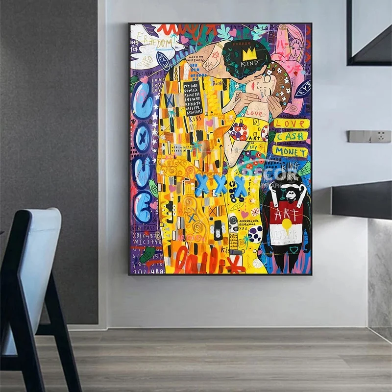 

Banksy Canvas Painting Wall Art Gustav Klimt Kiss Graffiti Street Posters and Prints Wall Art Famous Paintings for Home Decor
