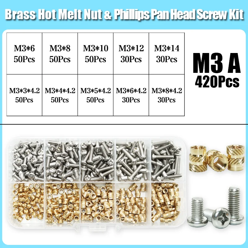 

Латунная вставка, гайка и комплект винтов из нержавеющей стали M2 M3 M4, нагревательный набор с резьбой, вставки для печати, 3D-медь, гайки из термоплава, машинный болт