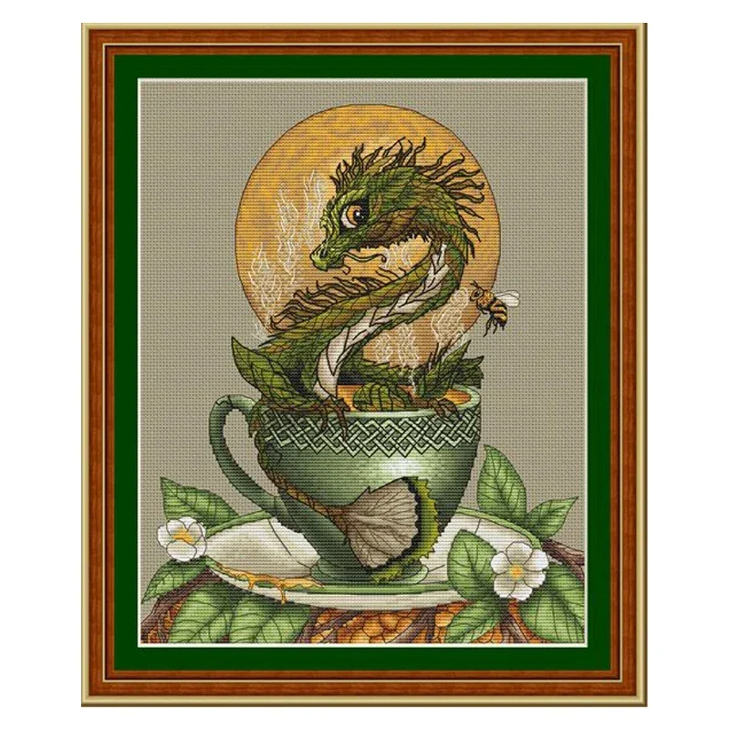 Amishop Gold Collection Красивый набор для вышивки крестом Чашка Зеленый Дракон и Луна