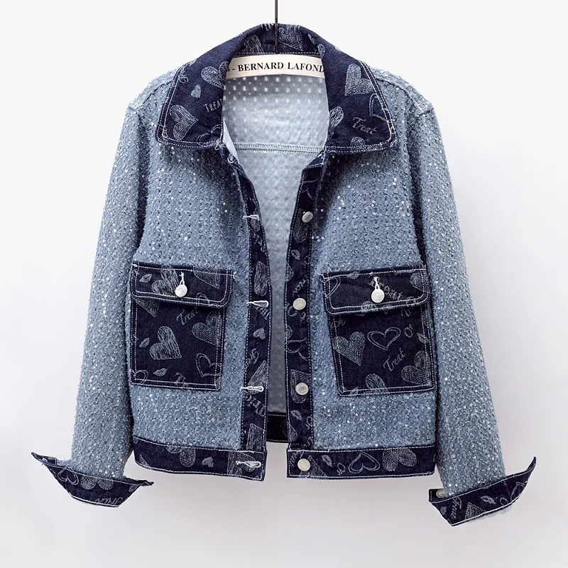 

Vintage Sequins Jacquard Denim Jacket Women Loose Short Cowboy Outerwear Splicing Big Pocket Long Sleeve Jeans Jackets Female