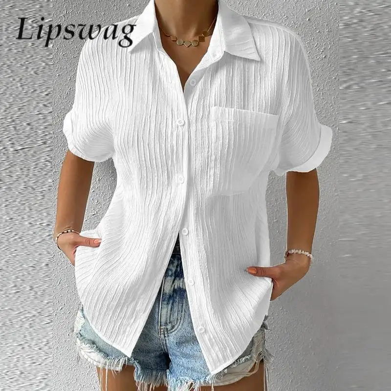 

Женский Повседневный Кардиган на пуговицах с коротким рукавом, однотонная Модная хлопковая льняная блузка, элегантный офисный Дамский топ с отложным воротником