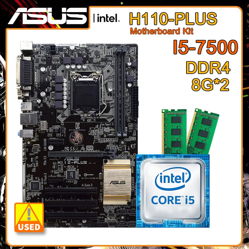 

Материнская плата H110, LGA 1151, комплект с i5-7500 и 2xDDR4 8g, Материнская плата Asus H110-PLUS PCI-E 3,0 Intel H110 VGA DVI USB3.0 ATX