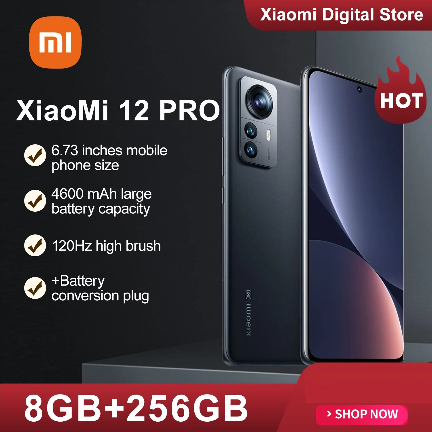 

Xiaomi 12 Pro смартфон, 8 Гб 256 ГБ, Snapdragon 8 gen 1, Восьмиядерный, 6,73 дюймов, 120 Гц, 4600 мАч