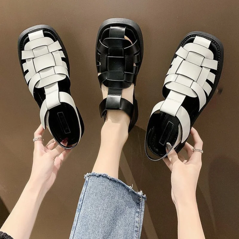 

2022 New Women Summer Sandals Low Block Heel Solid Fisherman Sandals Casual Shoes Gladiator Weave Beach Lady Footwear Sandalias